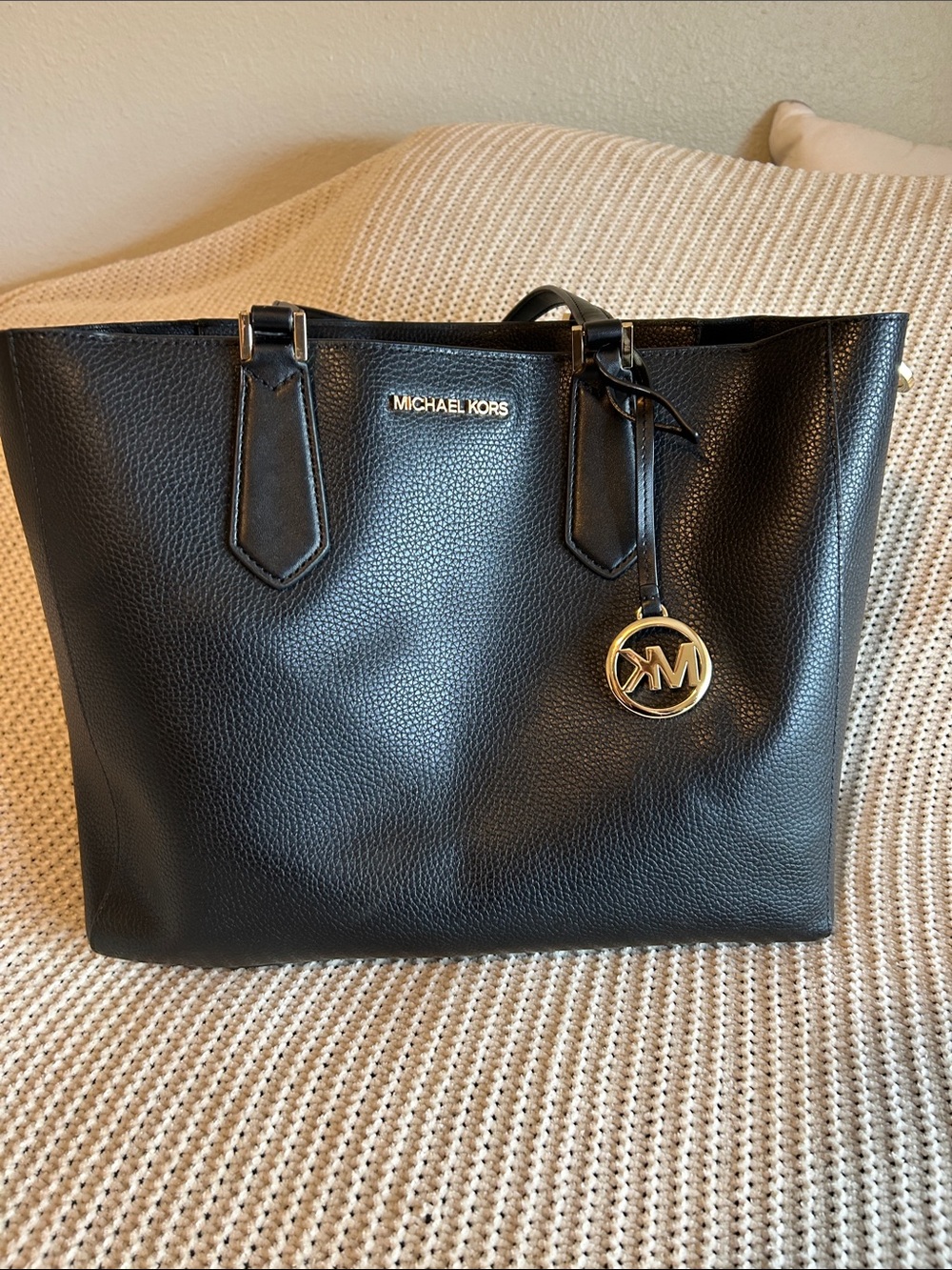 Michael Kors Black Pebbled Leather Tote with Gold MK Charm